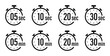 © MKIN - Timer stopwatch icons. Countdown clock symbol with 5, 10, 20, 30 second and minute time. Transparent PNG and vector illustration.
