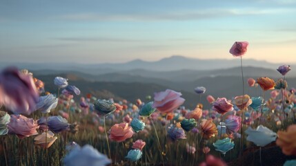 Poster - Gentle Breeze Sweeping Through a Field of Colorful Abstract Flowers at Sunset, Capturing the Serenity of Nature and Creative Inspiration : Generative AI