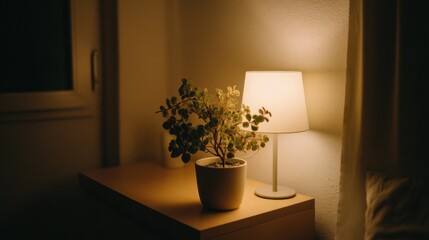 Leinwandbilder - Small Potted Plant and Warm Table Lamp on Wooden Table Indoors at Night, Representing Home Comfort and Peaceful Evening Relaxation : Generative AI