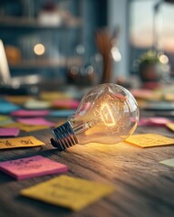 Aufkleber - Glowing Lightbulb on Wooden Desk Surrounded by Colorful Sticky Notes, Symbolizing Innovation and Creative Thinking for Business and Education : Generative AI