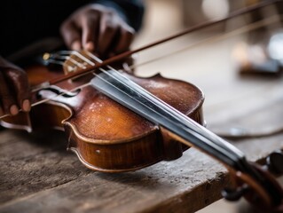 Poster - Close Up of Hands Skillfully Playing a Beautiful Old Violin on a Rustic Wooden Surface, Capturing the Essence of Musical Craft and Performance : Generative AI
