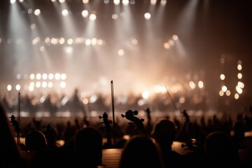 Aufkleber - Silhouette of Orchestra Performing on Stage Under Bright Lights, Evoking Artistic Expression and Cultural Enrichment for Entertainment and Fine Arts Promotion : Generative AI