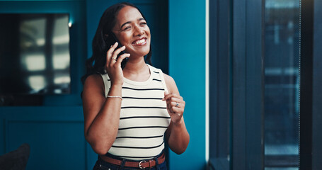 Poster - Office, businesswoman and editor with phone call for laughing, talking and questions to source. Funny joke, female person and journalist with mobile for news verification, communication and contact