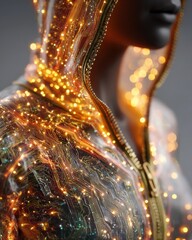 Aufkleber - Close-up of a Person Wearing a Futuristic Hooded Jacket with Glowing Circuit Board Pattern Representing Technology and Digital Innovation : Generative AI