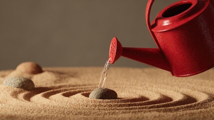Poster - Red Watering Can Pouring Water on Stone in Sand Garden With Circular Patterns, Symbolizing Mindfulness and Tranquility in a Minimalist Aesthetic Setting : Generative AI