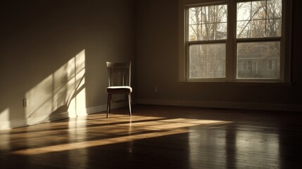 Poster - Empty Room With Chair Bathed in Sunlight From Window, Suggesting Loneliness or New Beginning and Interior Design Inspiration : Generative AI