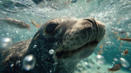 Poster - Underwater View of a Curious Seal Surrounded by Fish in Clear Water, Representing Marine Life and Ocean Exploration for Conservation Awareness : Generative AI