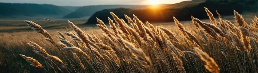 Poster - Blowing in the wind with foliage over morning meadow concept. Golden grass swaying in the breeze during a serene sunset.