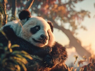 Poster - Giant Panda Resting Peacefully on a Tree Branch at Sunset, Representing Wildlife Conservation and Peaceful Coexistence With Nature : Generative AI