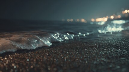 Poster - Ocean Wave Gently Washing Ashore at Night With City Lights in Background, Representing Tranquility and Coastal Getaway : Generative AI