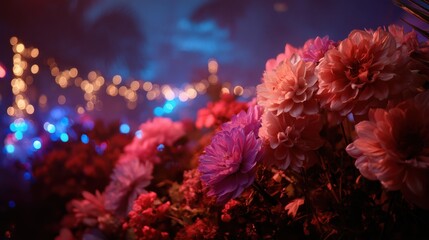 Poster - Close Up of Vibrant Pink and Purple Flowers with Dreamy Bokeh Lights at Night, Creating a Magical Atmosphere Perfect for Celebration Romance and Special Events Backgrounds : Generative AI