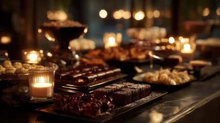 Poster - Dark Chocolate Brownies and Pastries on a Tabletop Dessert Buffet, Warm Candlelight, Luxurious Evening Event, Gastronomic Delights : Generative AI