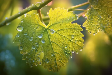 Aufkleber - Grape Leaf Covered in Water Droplets in Morning Light, Showcasing Freshness and Natural Beauty for Food and Beverage Concepts : Generative AI