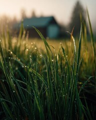Aufkleber - Close-Up of Dew-Kissed Grass Blades at Sunrise Near Cabin, Evoking Serenity and Natural Beauty for Environmental Awareness Campaigns and Sustainable Living Content : Generative AI