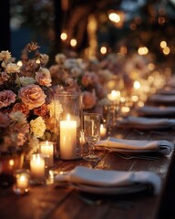 Poster - Elegant Dinner Table Setting With Candles and Floral Arrangement at Night, Suggesting Romance and Celebration for Event Planning and Special Occasion Themes : Generative AI