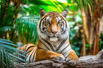 Poster - Majestic Tiger Lying on a Log in a Lush Green Jungle Looking Directly at Camera Representing Wildlife Conservation and Natural Beauty : Generative AI