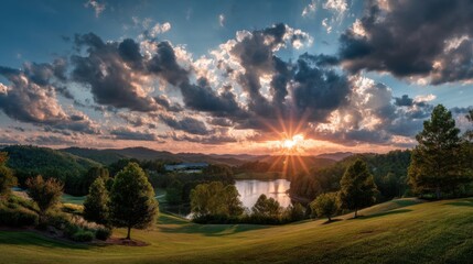 Aufkleber - Scenic Sunset Over Rolling Hills and Lake Reflecting Golden Light, Evoking Tranquility and Natural Beauty for Travel and Outdoor Adventure : Generative AI