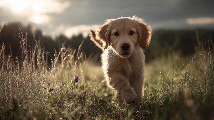 Poster - Adorable Golden Retriever Puppy Running Through Grassy Field at Sunset, Capturing Pet Love and Childhood Joy Outdoors : Generative AI