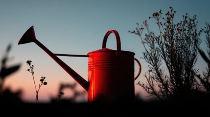 Poster - red watering can in garden at sunset against sky, symbolizing growth and environmental stewardship :
