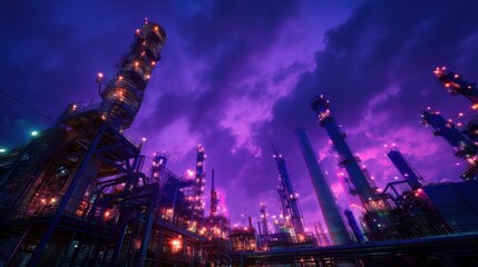Fototapete - Illuminated Industrial Plant at Night Under Dramatic Purple Sky, Representing Energy Production Technology and Global Industry Infrastructure : Generative AI