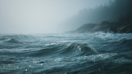 Poster - Ocean Wave Crashing on Rocky Shoreline in Foggy Weather, Representing Coastal Serenity and Environmental Awareness for Travel and Nature Photography : Generative AI