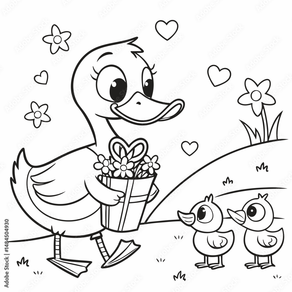 Cute kawaii duck family cartoon character coloring page vector ...