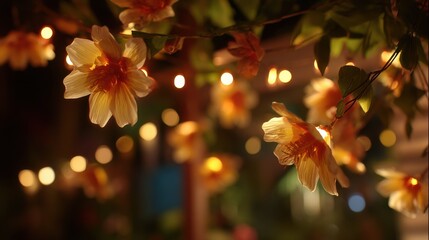 Aufkleber - Floral Garland Glowing With Warm Light at Night, Symbolizing Celebration and Festive Decor for Event Planning and Holiday Cheer : Generative AI
