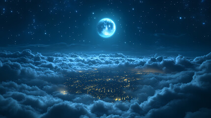 Wall Mural - Ethereal fantasy landscape with a glowing moon and dark cities amidst blue clouds at night. [Seraphic Depths] | Pulse of Grace | sacred rhythm. Illustration