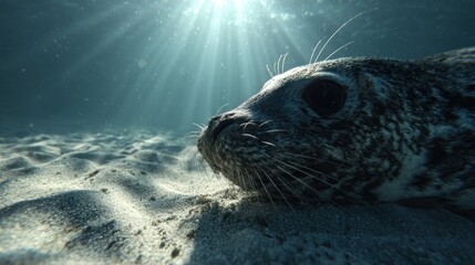 Poster - Close-up of a Seal Resting Peacefully on the Sandy Seabed Underwater Bathed in Sunlight Rays Highlighting Marine Wildlife and Ocean Conservation : Generative AI