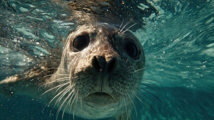 Poster - Curious Seal Close Up Underwater Looking Directly at Camera, Capturing Wildlife Wonder and Marine Exploration : Generative AI
