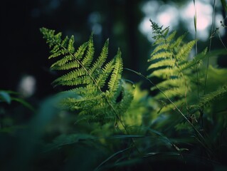 Aufkleber - Lush Green Fern Fronds in Forest Sunlight, Evoking Natural Beauty and Environmental Awareness for Botanical Study and Ecotourism Promotion : Generative AI