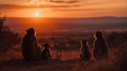 Poster - Family of Baboons Silhouetted on a Hilltop Watching a Golden Sunset Over a Scenic Landscape, Evoking Nature Beauty and Family Bond : Generative AI