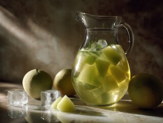 Aufkleber - Refreshing Melon Drink in Glass Pitcher with Ice and Whole Melons on Marble Surface, Perfect for Summer Refreshment and Healthy Beverage Concepts : Generative AI