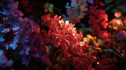 Poster - Close-Up of Vibrant Illuminated Flowers in Deep Red and Blue Hues Against a Dark Background, Evoking Mysterious Beauty and Abstract Nature Art for Design Projects : Generative AI