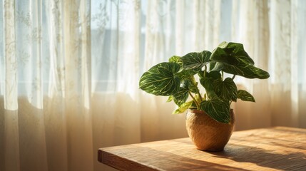 Aufkleber - Sunlit Potted Plant with Striped Leaves on a Wooden Table Near Sheer Curtains, Creating a Peaceful Scene Representing Home Decor, Indoor Gardening, and Natural Relaxation : Generative AI