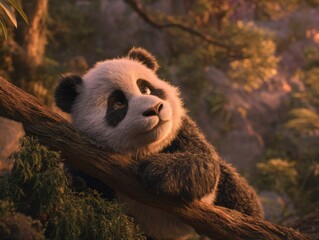 Poster - Adorable Baby Panda Cub Resting on a Tree Branch in Lush Forest, Looking Up Curiously Representing Wildlife Conservation and Childhood Innocence : Generative AI