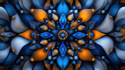 Poster - A colorful symmetrical pattern in shades of blue and orange features intricate shapes and designs, creating a visually appealing and eye-catching artwork perfect for decor