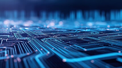 Futuristic blue circuit lines on geometric tech background, symbolizing digital innovation and advanced technology