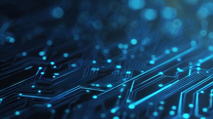 Futuristic blue circuit lines on geometric tech background, symbolizing digital innovation and advanced technology