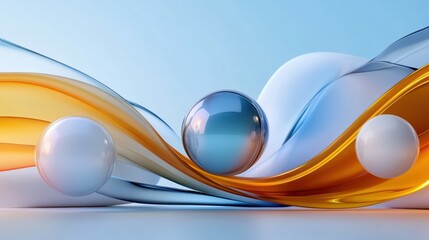 Poster - Three transparent and glossy spheres rest on a smooth surface, surrounded by flowing abstract curves in vibrant colors, creating an ethereal atmosphere