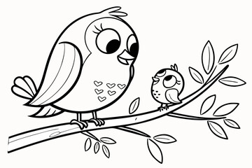 cute kawaii bird and baby on the branch tree cartoon character coloring page vector illustration. wi