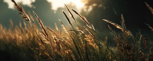 Poster - Blowing in the wind with foliage over morning meadow concept. Sunlight glistens on tall grass in a serene natural setting.