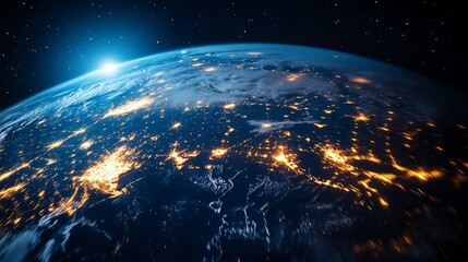 Wall Mural - Earth from space at night with city lights and sunrise over the horizon