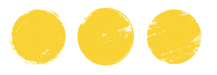 Poster - Yellow sun brush stamp watercolor paint shape sets. Hand drawn rough yellow circle shape ink brush stroke texture. Grunge circular rough badge background element pack. Vector illustration