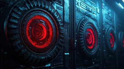 Poster - Futuristic Technology Background with Bright Red Circular Elements and Dark Industrial Texture