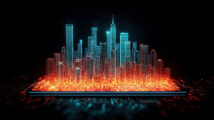 Poster - Futuristic Cityscape with Neon Lights and Digital Elements Emerging from a Device Screen