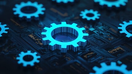 Poster - Blue Gear Icons on Futuristic Circuit Board Background with Digital Technology Elements and Abstract Design