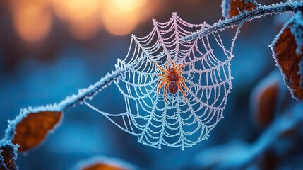 A close-up view of a delicate, frost-covered spiderweb glistening in the soft, morning light