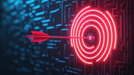 Poster - Red neon arrow hitting glowing target on digital circuit background for concept of precision and technology achievement