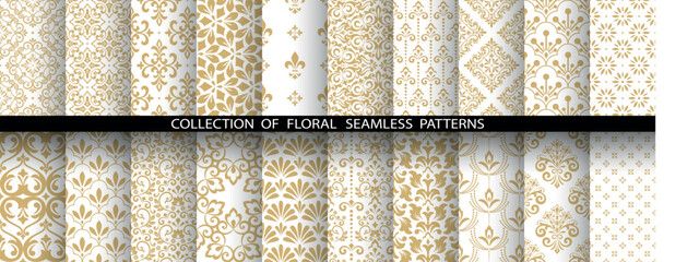Fototapete - Geometric floral set of seamless patterns. White and golden vector backgrounds. Damask graphic ornaments